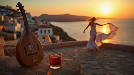 A young woman dances gracefully at sunset. A traditional string instrument and a glass of drink are placed on a table nearby, overlooking seaの素材