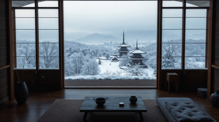 A serene winter landscape viewed from a modern room. Snow-covered trees and traditional pagodas are visible through large windowsの素材
