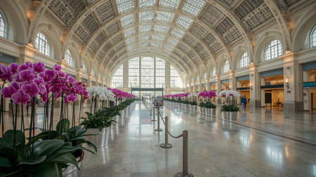 Pink orchids in foreground of a vast, elegant transport hub. Symmetrical view of historic architecture with an arched glass ceiling and natural light. People travel in background.の素材