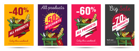 Set of posters for grocery food store with shopping basket illustration and discounts numbersのイラスト素材