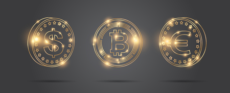 set of coins of different currencies dollar, euro, bitcoin, golden glowing line graphicのイラスト素材