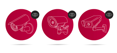 video surveillance linear icons set, vector line illustrations in red circles with eye iconのイラスト素材