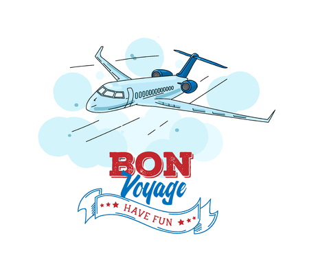 Cute illustration of flying plane in the clouds with   symbol Bon Voyageのイラスト素材