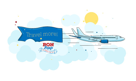 Artistic outline colored illustration with plane and banner on its tail with text travel moreのイラスト素材