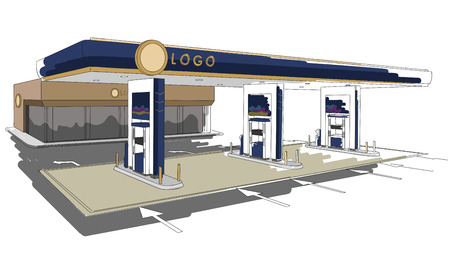 Gas station detailed drawing illustration, colorful, isolatedのイラスト素材