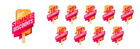 Special offer summer sale Advertising labels set with icecream design element and typography, tags up to 10 - 90 percentのイラスト素材