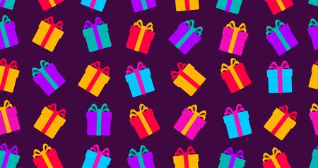 Seamless pattern with gifts bright colourful gift boxes, graphic for birthday covers packeges, fabric, on dark backgroundのイラスト素材