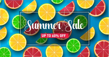 Summer background with citrus slices on orange backdrop, modern realistic graphic with fruits: orange, lemon, laim, grapefruitのイラスト素材
