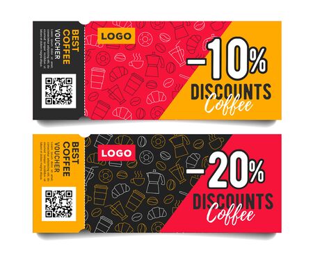 Promotion event admission tickets with torn off part, coffee beans cups and breakfast food pattern and discountsのイラスト素材