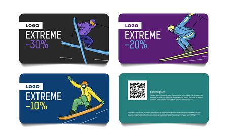 Set of cards, discount vouchers for ski pass or advertisong with colorful illustrations of skier and snowboarder on the slopesのイラスト素材