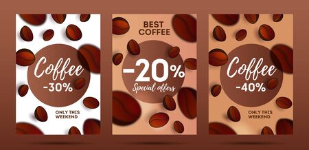 Set of flyers for coffee shop or cafe with 3d coffee beans 3d, with focus blur of the foreground, cover templateのイラスト素材
