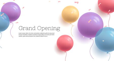 Background with fastive air balloons of round shape and confetti, multicoloured with grand opening text bannerのイラスト素材