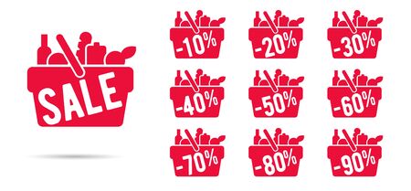 Set of grocery store advertising labels price tags in a shape of full with food shopping market basket and discount digits with percent offのイラスト素材