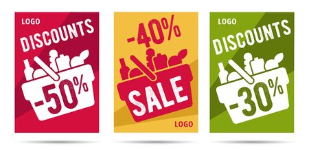 Set of posters for grocery store with market shopping basket pictogram full of meal and food, simple mordern graphic leaflet with percentage discount templateのイラスト素材