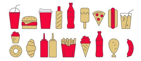 Fast food and drinks linear simple illustrations, menu items isolated, simple line graphic element in red and mustard yellow colorsのイラスト素材