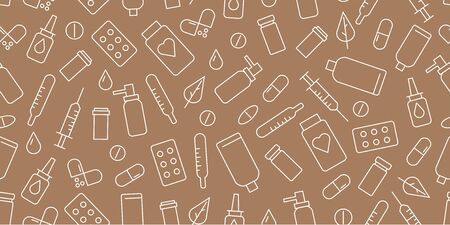 Linear seamless pattern of medical drug items like pills and bottles icons, cover for pharmacy or hospotal wallpaper or package wrapping in brown colorのイラスト素材