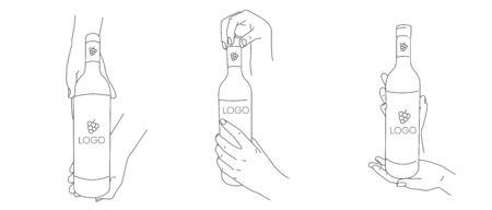 Set of line illustrations with hands holding a bottle of wine, waiter serving it or sommelier presenting, different gesture foreshorteningのイラスト素材