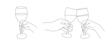 Hands holding glasses of wine and champagne. Cheers gesture with wine, Ink line sketch collection isolated on white background. Hand drawn vector illustrationのイラスト素材