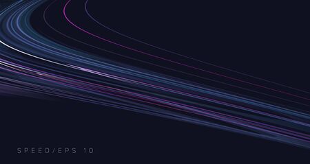 Dynamic composition of bright lines forming lights path of speed movement, futuristic dark...