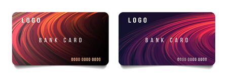 Set of credit bank or discount cards template layout with modern bright abstract backdrop of round curves revolving in circles, warm hot red colorsのイラスト素材
