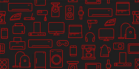 Stock vector seamless pattern of linear icons of electronic equipment and kitchen household...