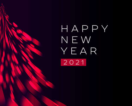 Happy new year card or banner with stylized christmas tree in red festive color made of sparklung lightsのイラスト素材