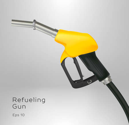 Realistic vector illustration of gas gun, gasoline petrol dispenser in yellow and black colors with metal nozzleのイラスト素材