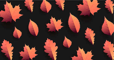 Autumn seasonal background with autumn leaves lay on dark background, paper cut origami illustrationのイラスト素材