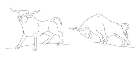 Linear illustration in one thin line of bull or ox in different posture, poses. hand drawn illustration, year of oxのイラスト素材