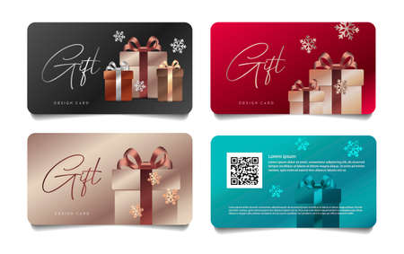 Set of gift vouchers with realistic gift box illustrations wraped in glossy metal paper with snowflakes, winter promo discountのイラスト素材