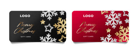 Set of greeting cards for Christmas and new year with shiny illustration of snowflakes and stars in golden and silver stylized graphic, isolatedのイラスト素材