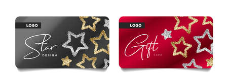 Set of festive greeting cards for Christmas and new year with illustration of shiny golden and silver stars, gift voucher layout with calligraphy copyのイラスト素材