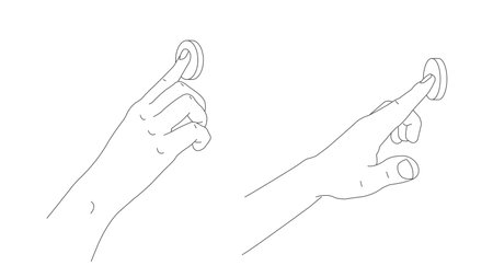 illustration of human index finger pressing round button, line hand drawn graphic, two positions from both sides of arm, isolated linear illustrationのイラスト素材