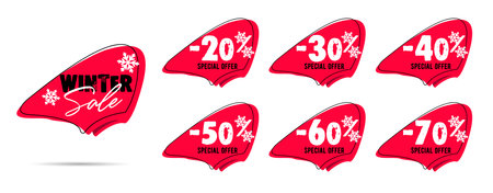 Set of winter sale price tag labels with promo slogan and discount percent made of snowflakes, red isolated shapes with promo copyのイラスト素材