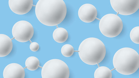 Abstract blue background with white circular 3d molecules connected with strings, biology medicine healthcare bannerのイラスト素材
