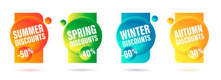 Set of promo labels or advertising tags for each seasonal discounts, full year of promotion, bright 3d circles on rectangular frame, isolatedのイラスト素材