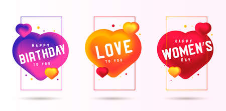 Set of bright graphic elements for womens day or valentines day with plastic heart shapes in a frame, isolatedのイラスト素材