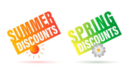 Graphic labels for seasonal sale for spring and summer with big typography and sun and daisy flower illustration, isolated stickersのイラスト素材