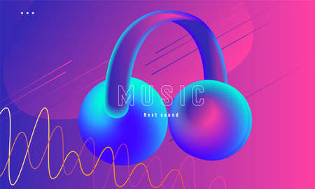 Music party or festival poster with fluorescent headphones stylized illustration in pink and blue gradient neon colors with sound waves, web bannerのイラスト素材