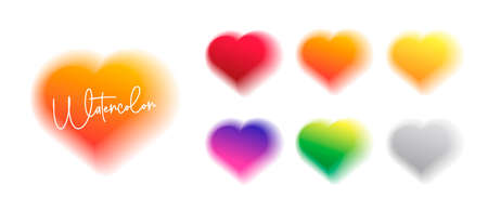 Set of transparent watercolor heart shapes, graphic design element for romantic events, isolatedのイラスト素材
