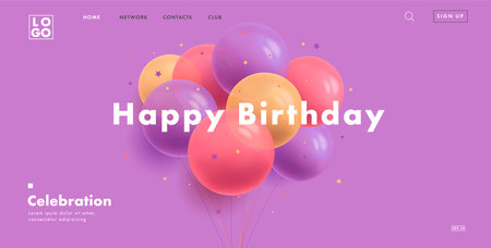 Happy birthday website banner for home page with 3d round shaped balloons illustration on purple background with interface elementsのイラスト素材