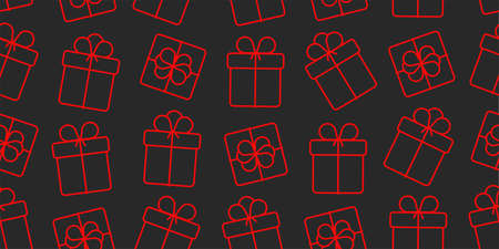 Seamless pattern of red linear gift boxes, side and top view with ribbon bow, red line on black background, icon styleのイラスト素材