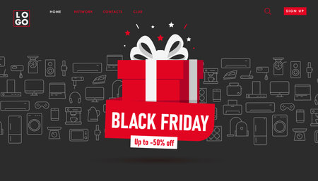 Black friday sale promo advertising poster with red gift box and electronics and kitchen home gadgets on the background, electronics shop promoのイラスト素材