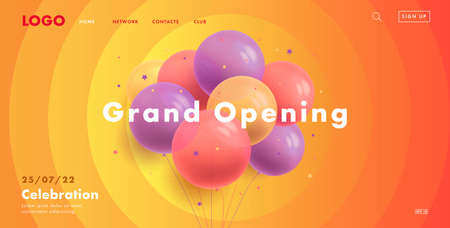 Grand opening web banner with bunch of round transparent air balloons on warm sunny background with circles spreading from center with interfaceの写真素材
