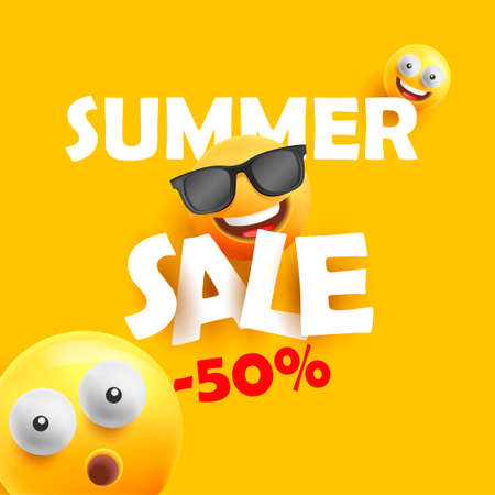 summer sale banner with smily faces in sunglasses and open-eyed with paper sticker text and discount, modern 3d graphicのイラスト素材