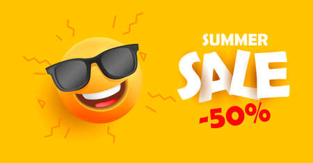 summer sale banner with smiling sun with face in sunglasses with paper sticker text and discount, modern 3d graphicのイラスト素材