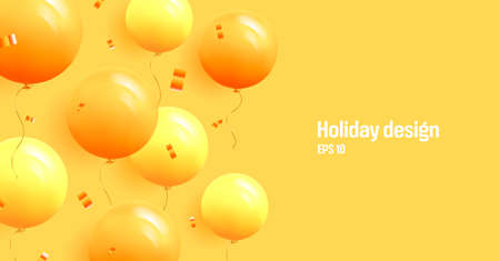 Festive background with helium round yellow balloons and confetti. Celebrate birthday poster, banner happy anniversary, monocolor 3d designのイラスト素材