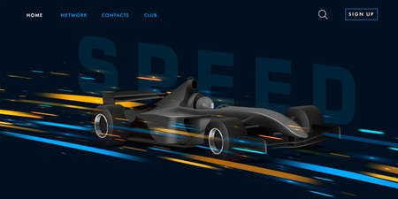Web banner with super car sport bolide, black auto in movement with bright speed lights on dark...