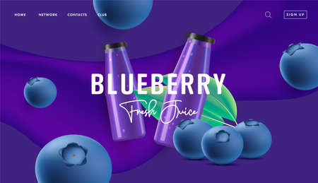 Blueberry juice or yogurt promo banner for advertising landing page with 3d berries illustration and jar or bottle on dark blue backdropのイラスト素材
