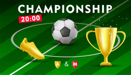 Golden soccer or football pattern with golden boot, horn and trophy cup and ball and whistle, best tournament award and fan attributesのイラスト素材